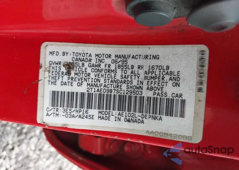 1995 Toyota Corolla Le/Dx from USA, damaged, VIN 2T1AE09B7SC129503